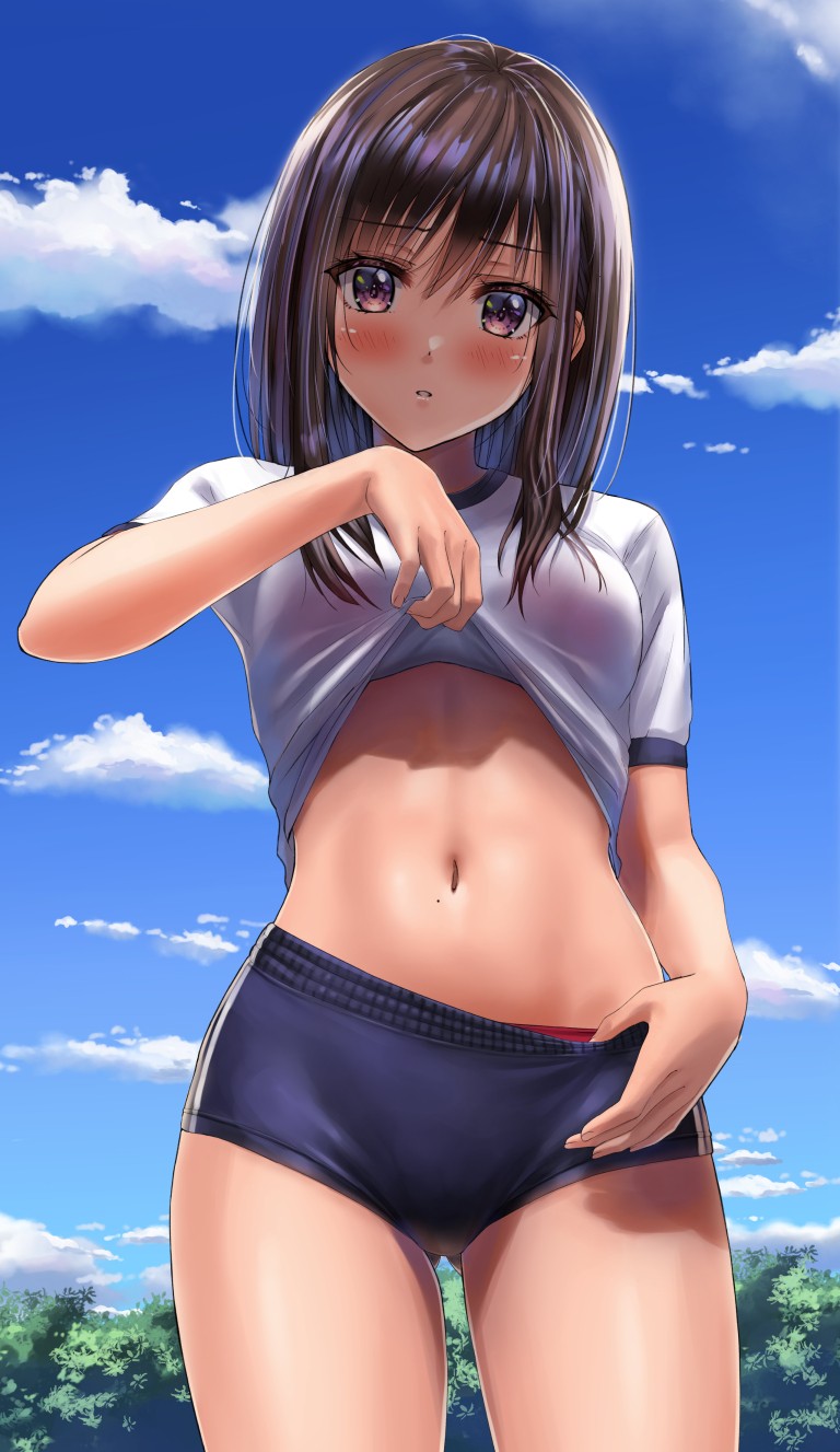 small breasts, buruma, original, sky, bra visible through clothes - Anime  R34