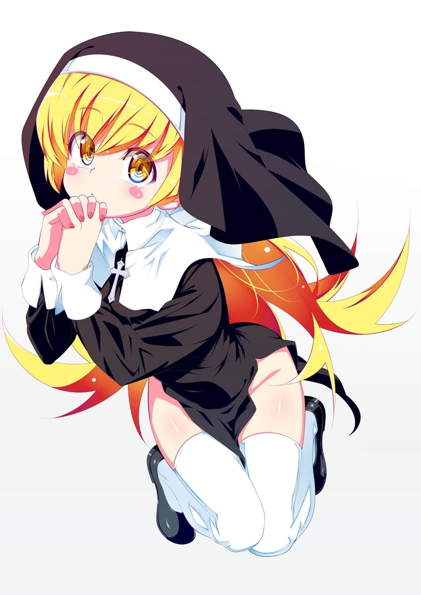 blush stickers, thighhighs, oshino shinobu, own hands together, long hair -  Anime R34