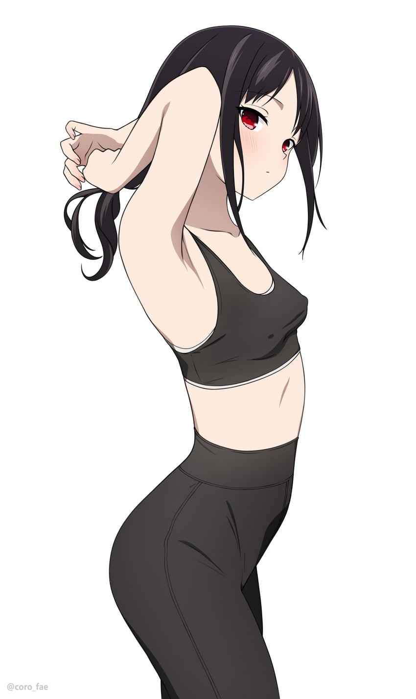 small breasts, red eyes, sportswear, black pants, sports bra - Anime R34